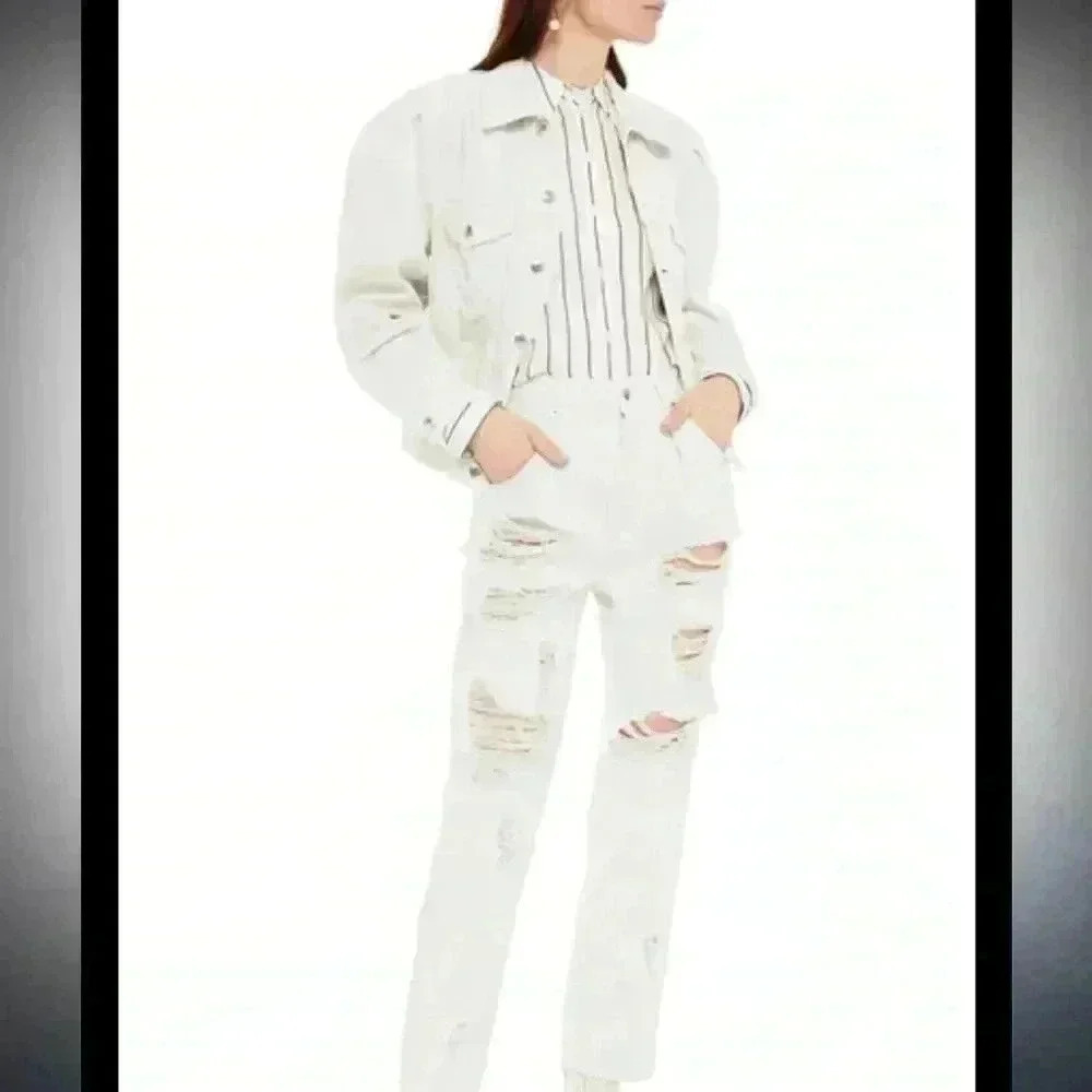 IRO Jeans Abazia Womens White Jean Jacket Puffy Sleeves Size FR 36 US 4